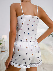Heart Print Pajama Set V Neck Cami Top & Elastic Waistband Shorts