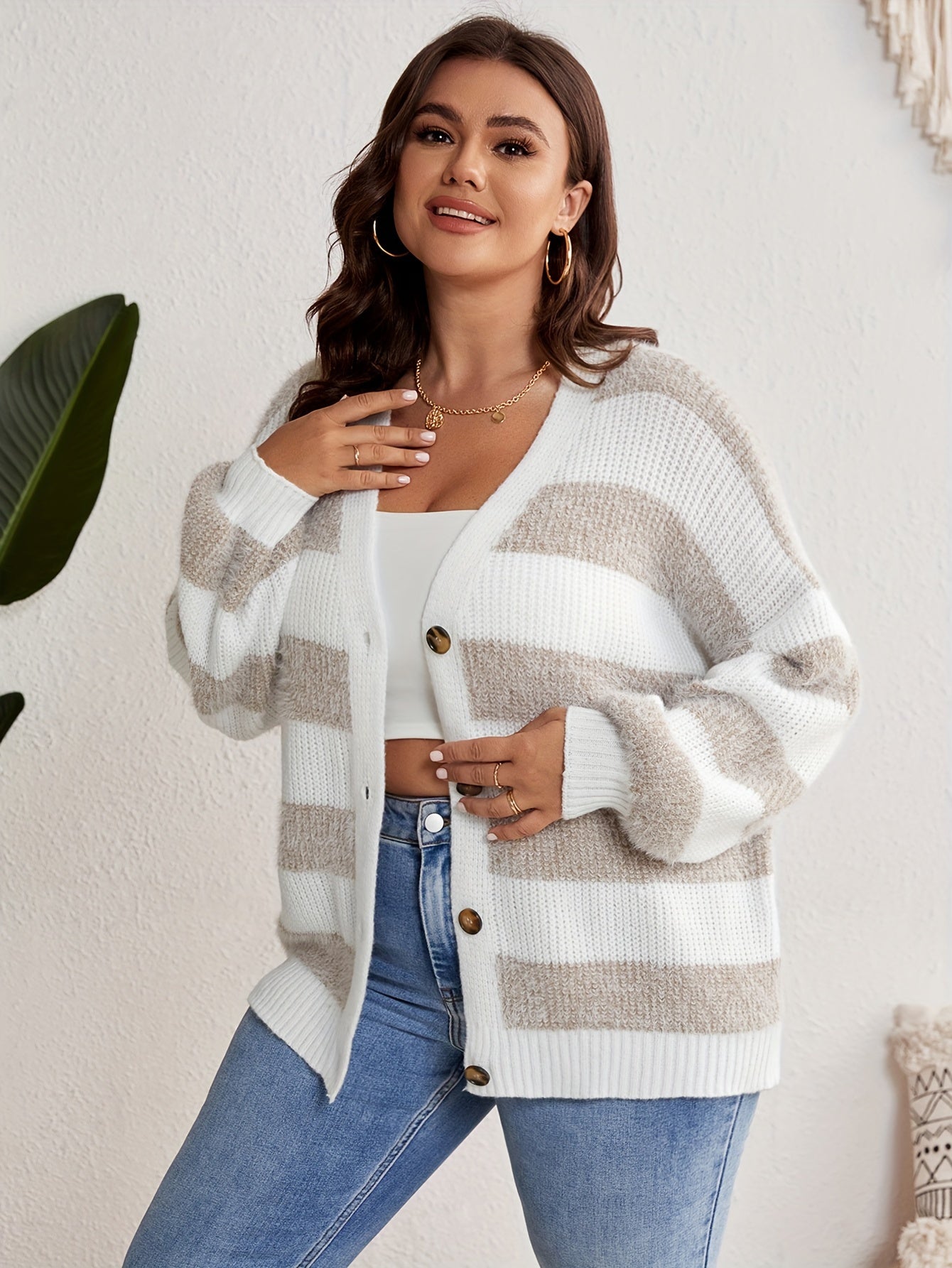 Striped Button Up V Neck Sweater Cardigan