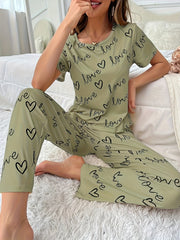 Pink Pajamas Set with Love & Hearts Print Short Sleeve Top & Elastic Waist Pants