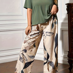 Floral Print Lounge Set Short Sleeve Top & Lace Up Pants Women's Loungewear