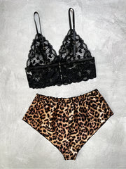 Sultry Floral Lace Lingerie Set Unlined Bra & Leopard Shorts