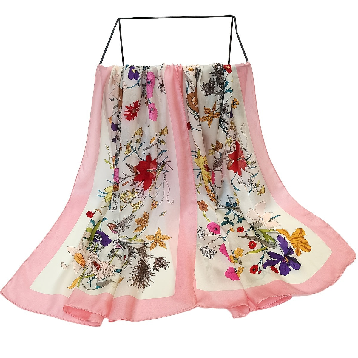 Silk Flower Print Scarf Pink Shawl Windproof Head Wrap