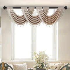 European Style Linen Valance with Fringe Beaded Edge - Rod Pocket Curtain