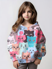 Girls' Colorful Cats Long Sleeve Hooded Sweatshirt Pullovers
