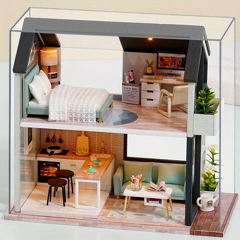 Wooden House Model Kit w/ Furniture Lights & 3D Puzzle - Kids Gift