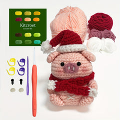 Christmas Piggy Crochet Kit with Videos & Supplies - Beginner Friendly