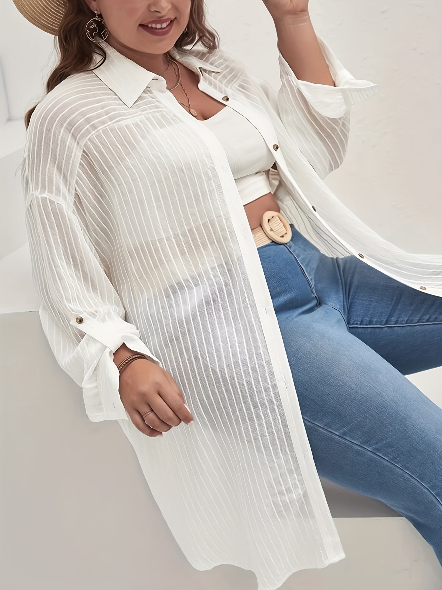 Stripe Print Long Sleeve Button Up Tunic Shirt