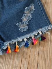Girls Sunflower & Letter Graphic T-shirt & Denim Shorts Set