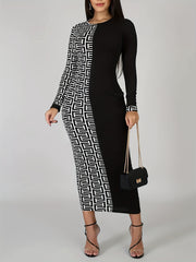 Colorblock Geometric Print Bodycon Midi Dress