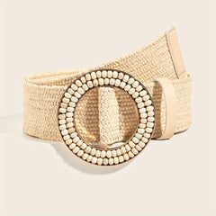 Boho Beige Braided Straw Belt Elastic Waistband