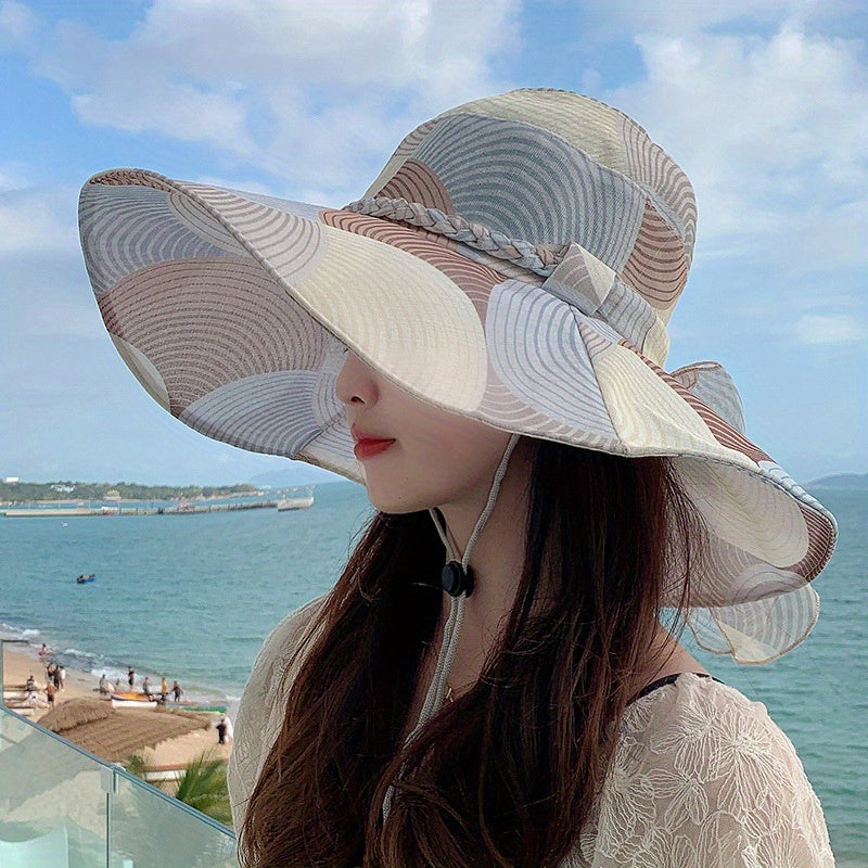 Striped Block Sun Hat Ribbon Bowknot Wide Brim Bucket Hat