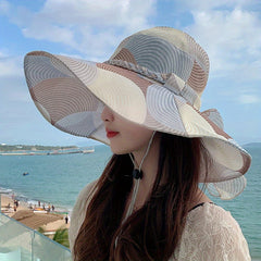 Striped Block Sun Hat Ribbon Bowknot Wide Brim Bucket Hat