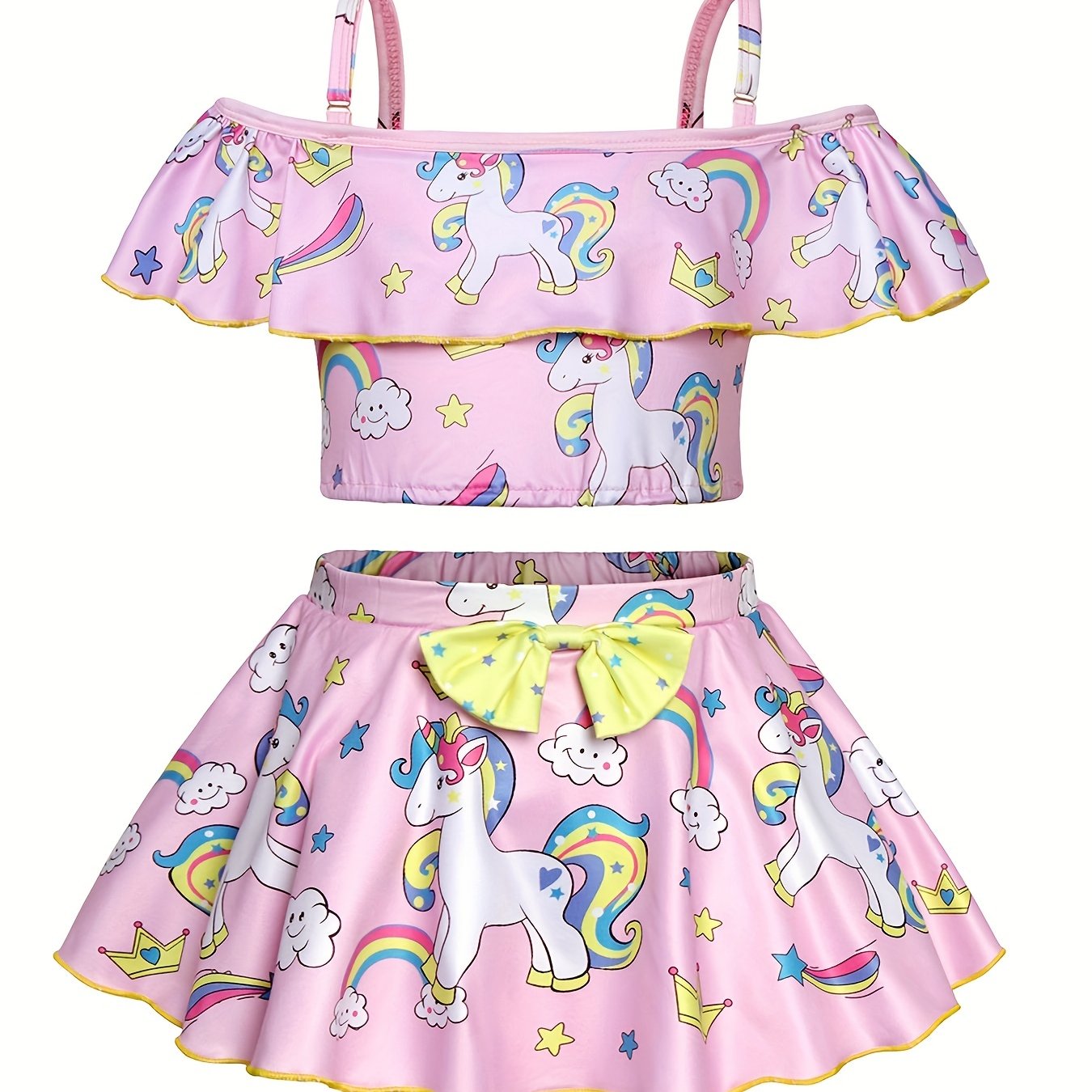 Girls Unicorn Bikini Set Off Shoulder Strappy Bikini Top Skirt Swimwear