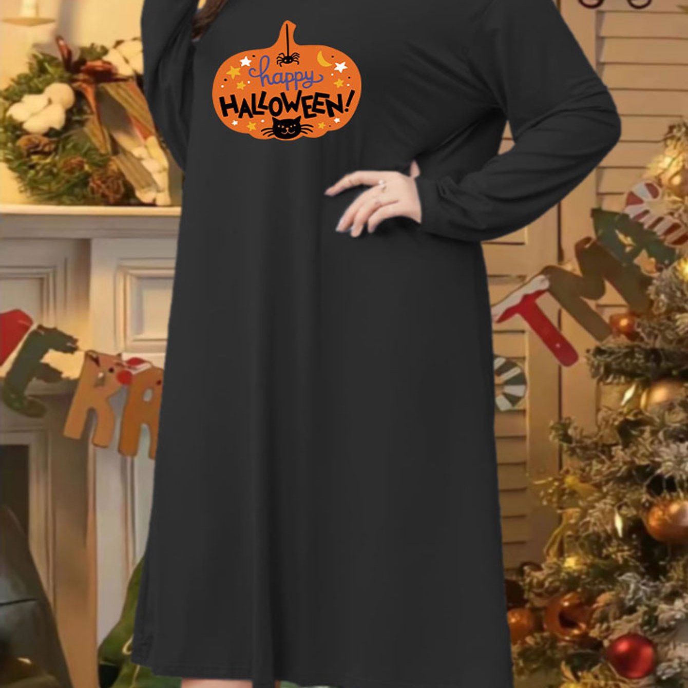 Halloween Casual Loungewear Dress Women's Plus Pumpkin & Spider Print
