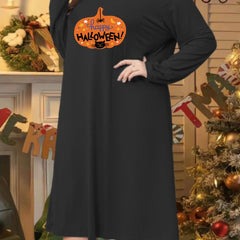 Halloween Casual Loungewear Dress Women's Plus Pumpkin & Spider Print