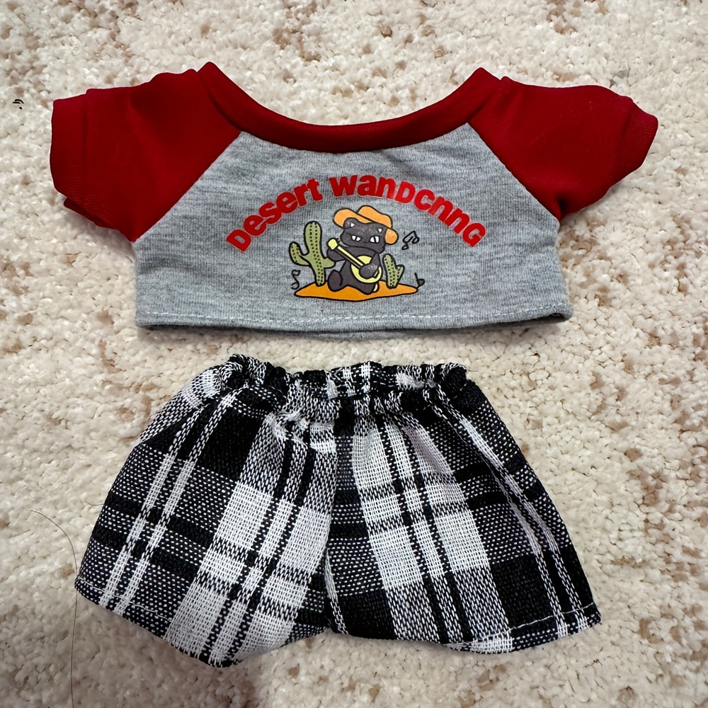 Desert Wandering Outfit for Plush Doll - Gray Shirt, Plaid Pants, Sneakers
