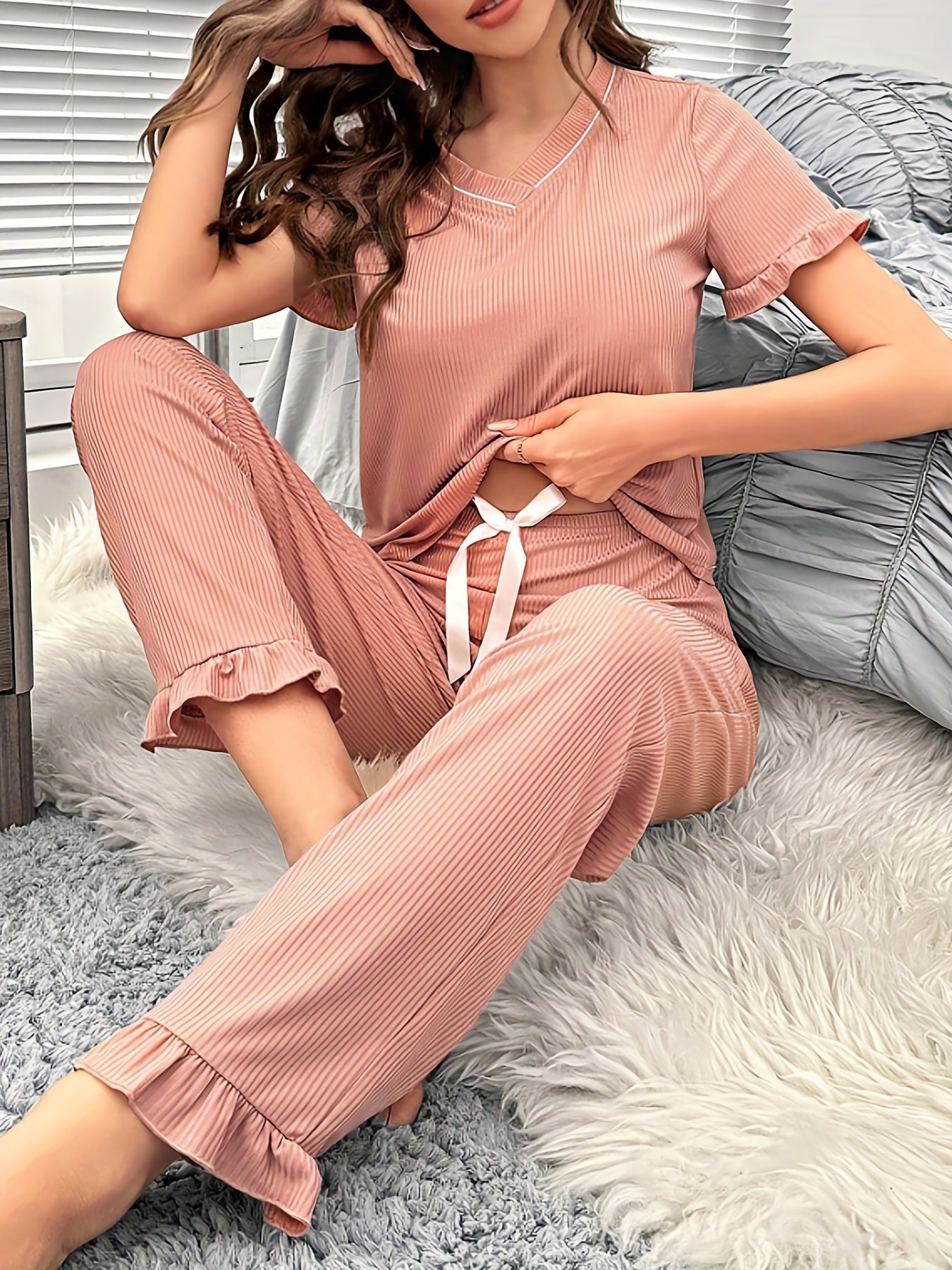 Solid Lounge Set Short Sleeve V Neck Top & Elastic Waistband Pants