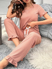Solid Lounge Set Short Sleeve V Neck Top & Elastic Waistband Pants