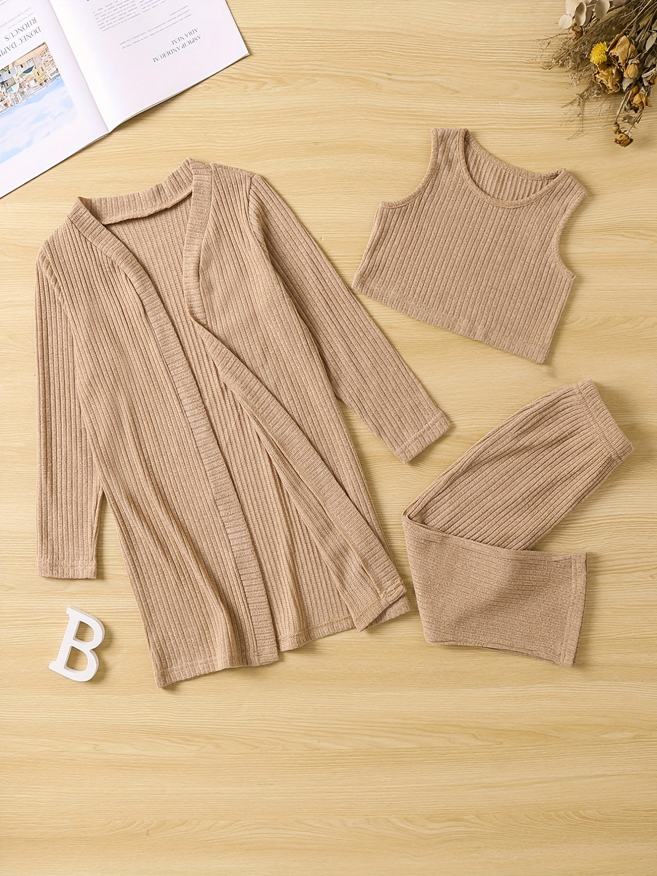 Girl's Cable Knit 2pcs Cardigan & Tank Top & Pants Set