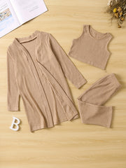 Girl's Cable Knit 2pcs Cardigan & Tank Top & Pants Set