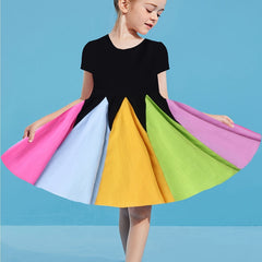 Girls Rainbow Block Short Sleeves Round Neck Cotton Casual Princess Dress
