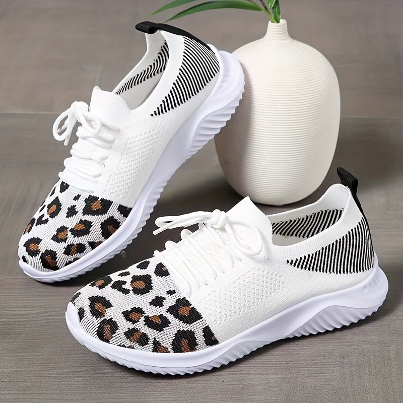 Leopard Printed Mesh Sneakers Lace Up Casual Shoes