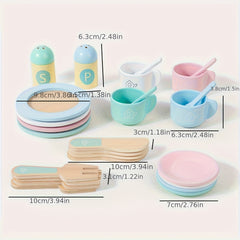 Wooden Play Kitchen Utensil Set Cups Dishes Knives Forks Spoons Educational Toy