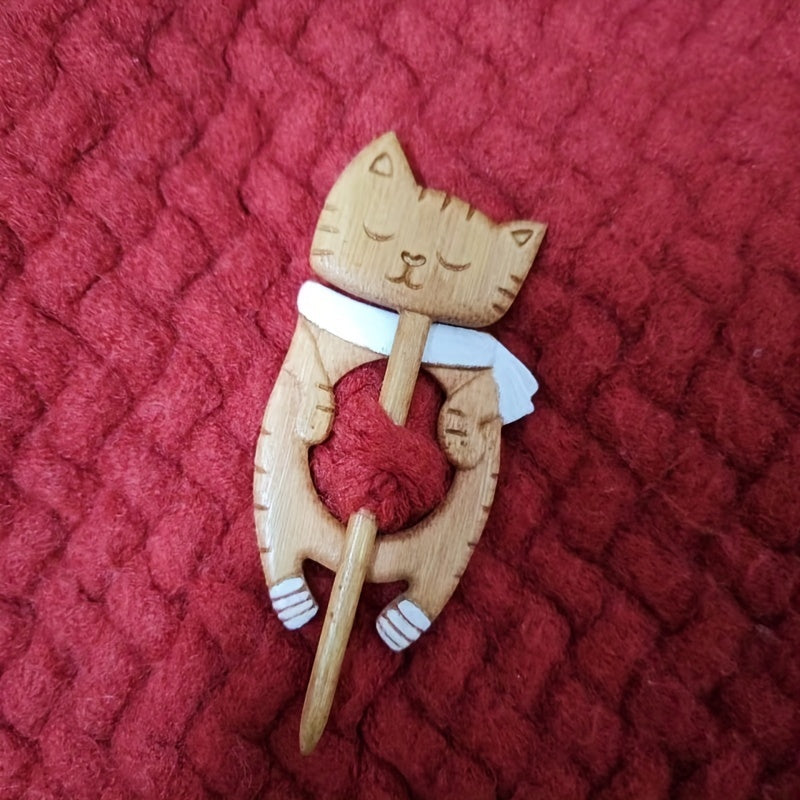 Wooden Animal Sleeping Kitten Brooch For Girls
