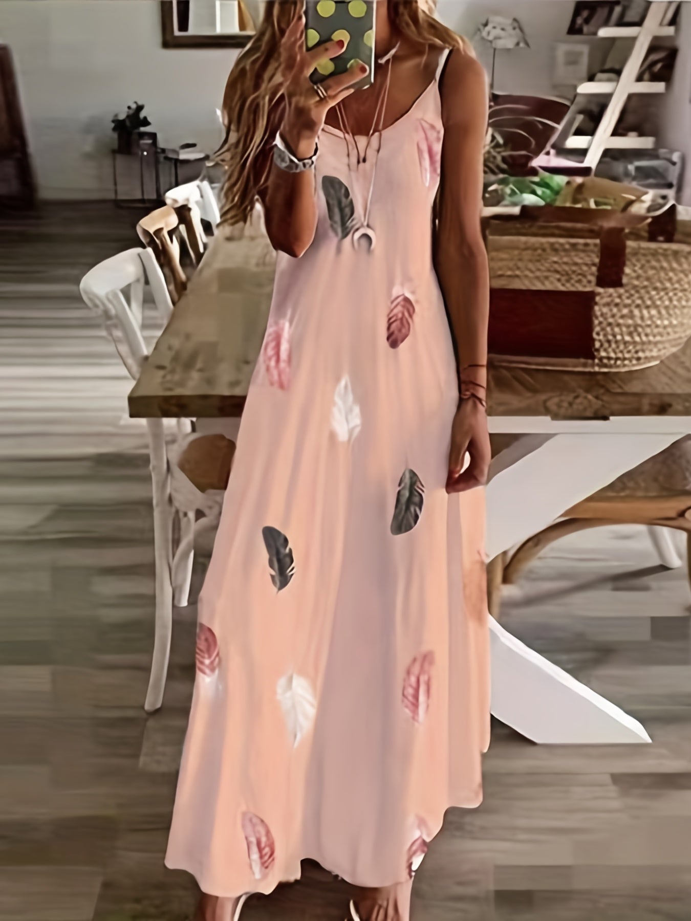 Feather Print Cami Dress V Neck Maxi Dress