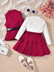 Girl's Preppy Style 3pcs Belted Vest Set