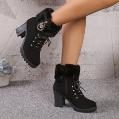Plush Heeled Ankle Boots with Rhinestone Decor Side Zipper Thermal Chunky Heels