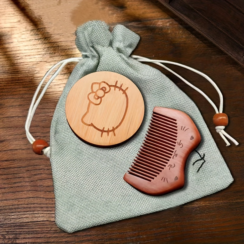 Vintage Wood Mirror Comb Set With Bag Mini Wooden Round Vanity Makeup Mirror