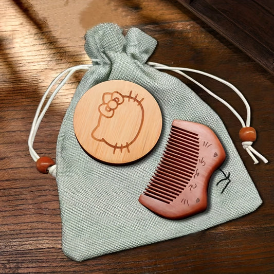 Vintage Wood Mirror Comb Set With Bag Mini Wooden Round Vanity Makeup Mirror