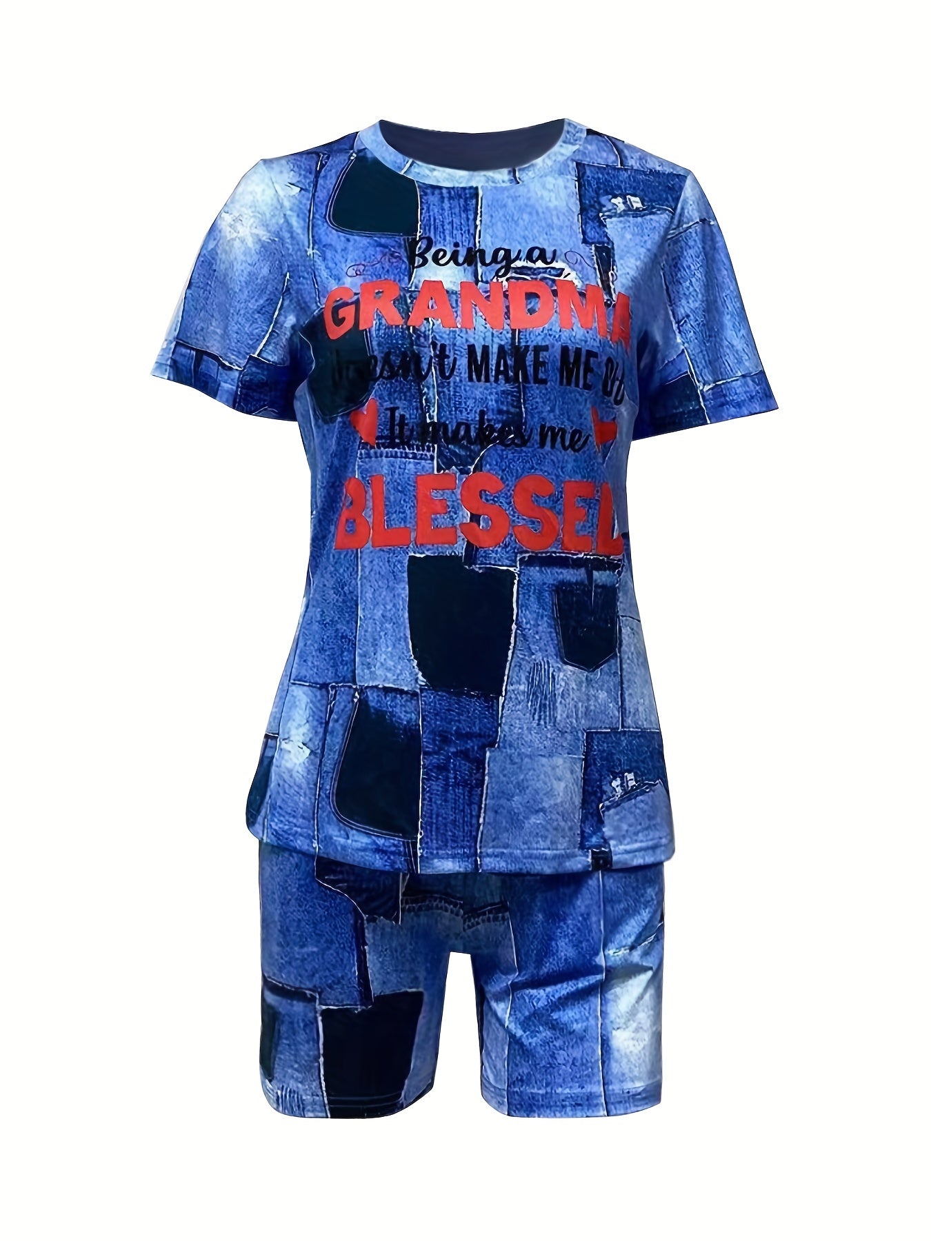 Letter Print Short Sleeve T shirt & Patchwork Shorts Set