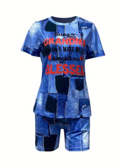 Letter Print Short Sleeve T shirt & Patchwork Shorts Set