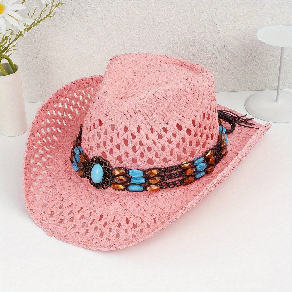 Turquoise Chain Cowboy Hat Wide Brim Travel Beach Sun Hats for Women
