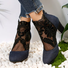 Floral Lace Ankle Boots Chunky Heeled Sandals Dress Heeled Boots