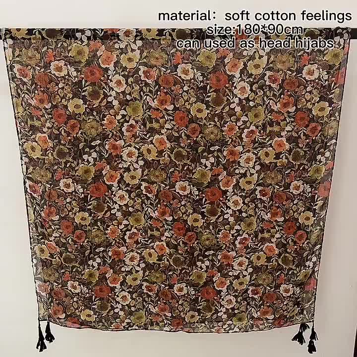 Plant Flower Print Scarf Vintage Soft Sunscreen Tassel Shawl Thin...