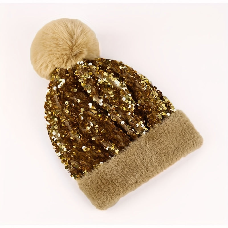 Sequin Knitted Hat Plush Fur Ball