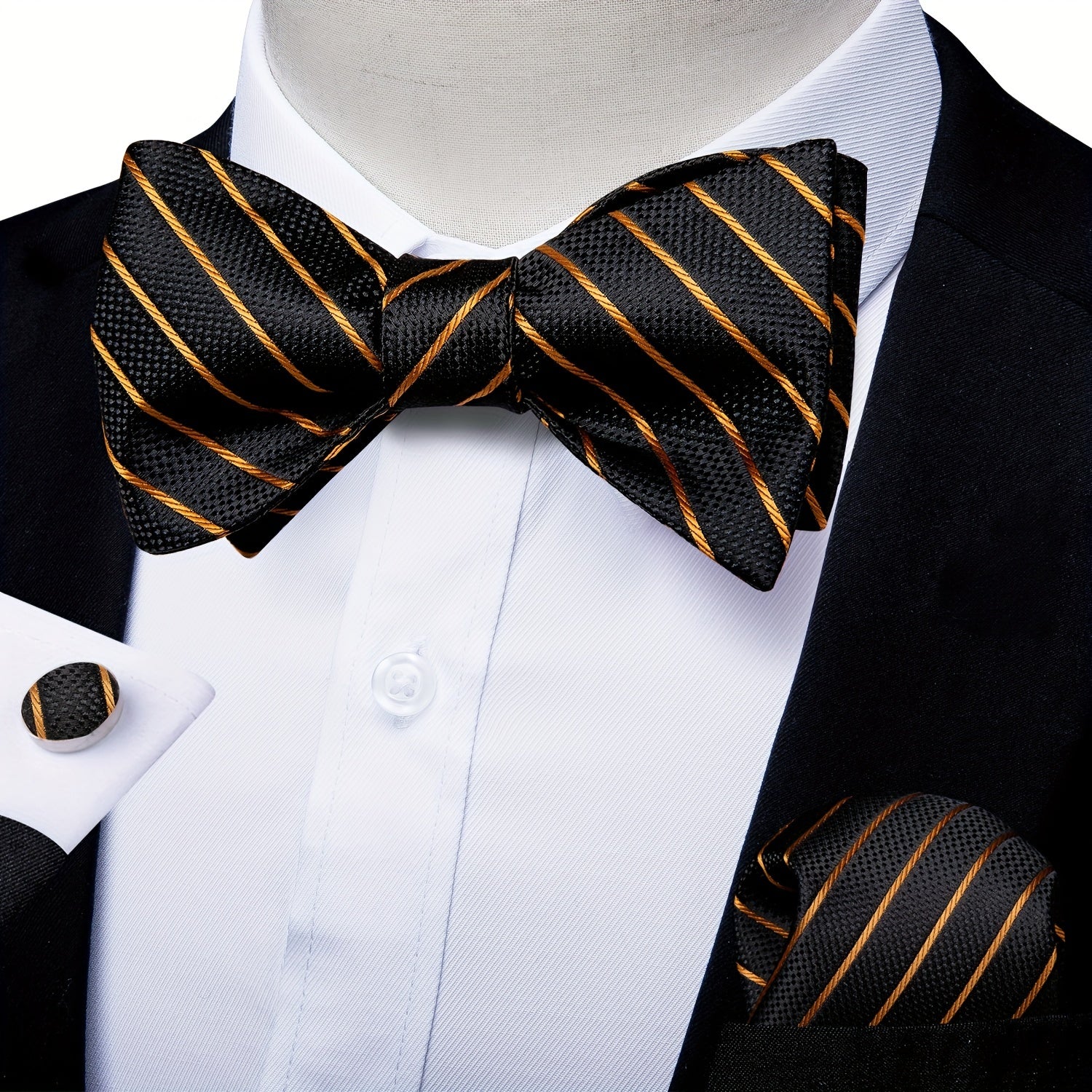 Men's Golden Paisley Silk Bow Tie Hankerchief Cufflink Wedding Set