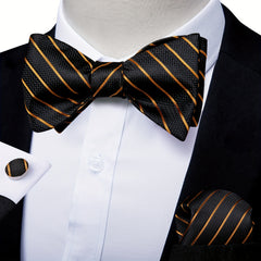 Men's Golden Paisley Silk Bow Tie Hankerchief Cufflink Wedding Set