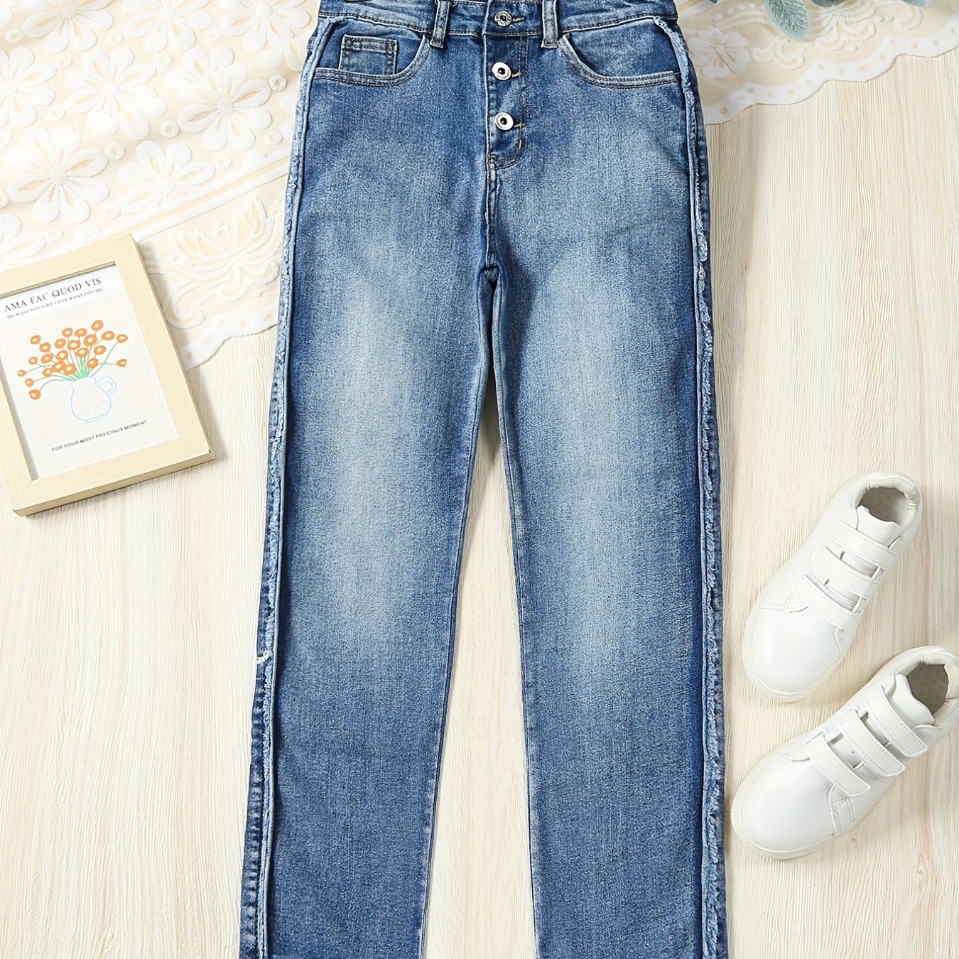 Girls' Raw Cut Skinny Jeans Stretchy Casual Street Tight Fit Denim Trousers