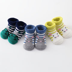 3 Pairs Baby Striped Cartoon Animal Print Floor Socks Warm Winter