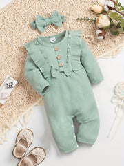 Baby Girl Romper Set Striped Ruffle Trim Long Sleeve Headband