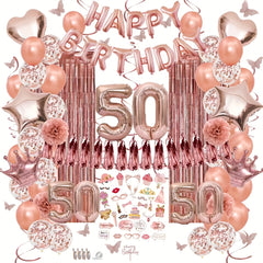 132pcs 50th Rose Golden Happy Birthday Theme Set for Girls Birthday Party