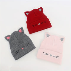 Warm Knitted Cat Beanie Hat for 1-4 Year Old Girls
