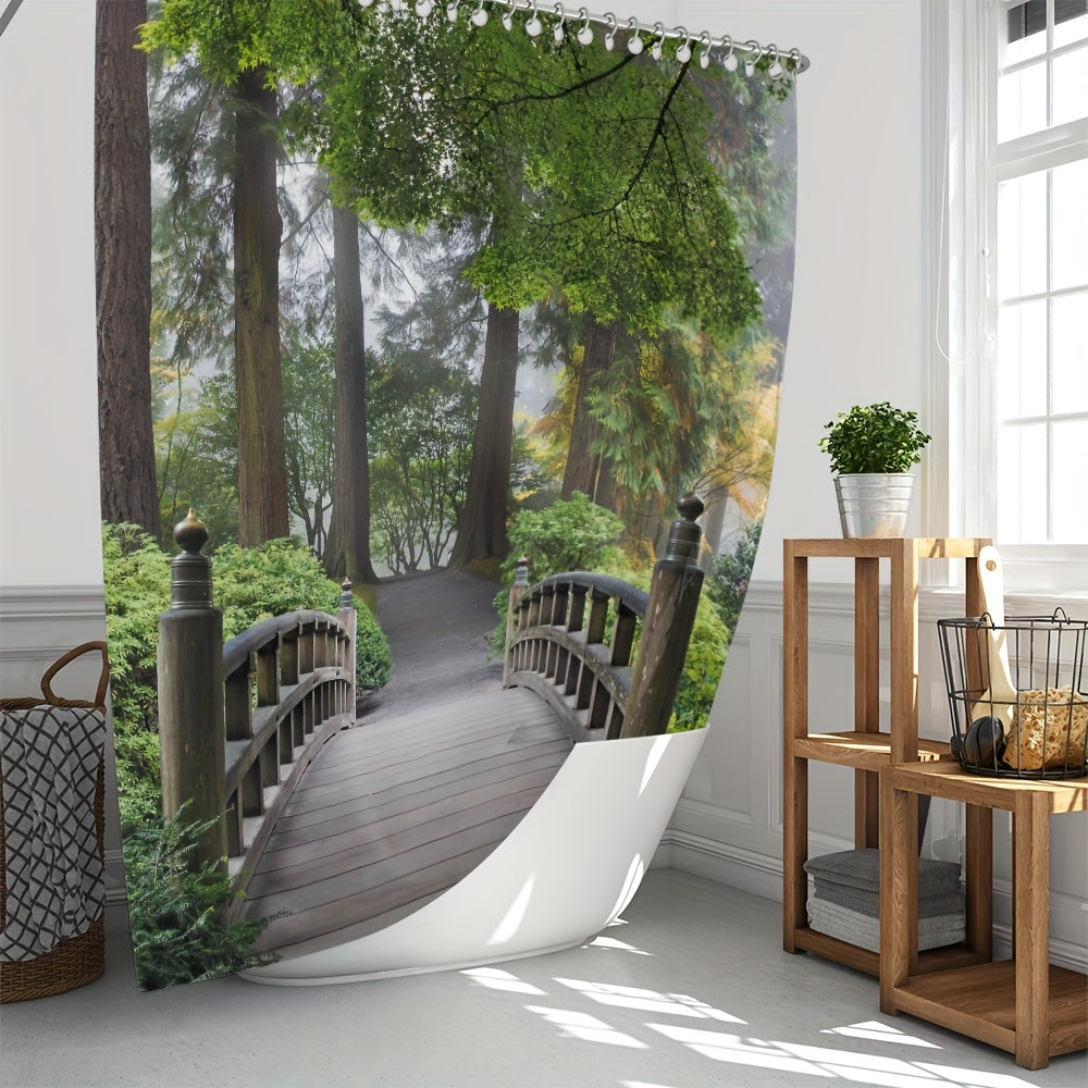 Digital Printed Wooden Bridge Shower Curtain - Bathroom Decor