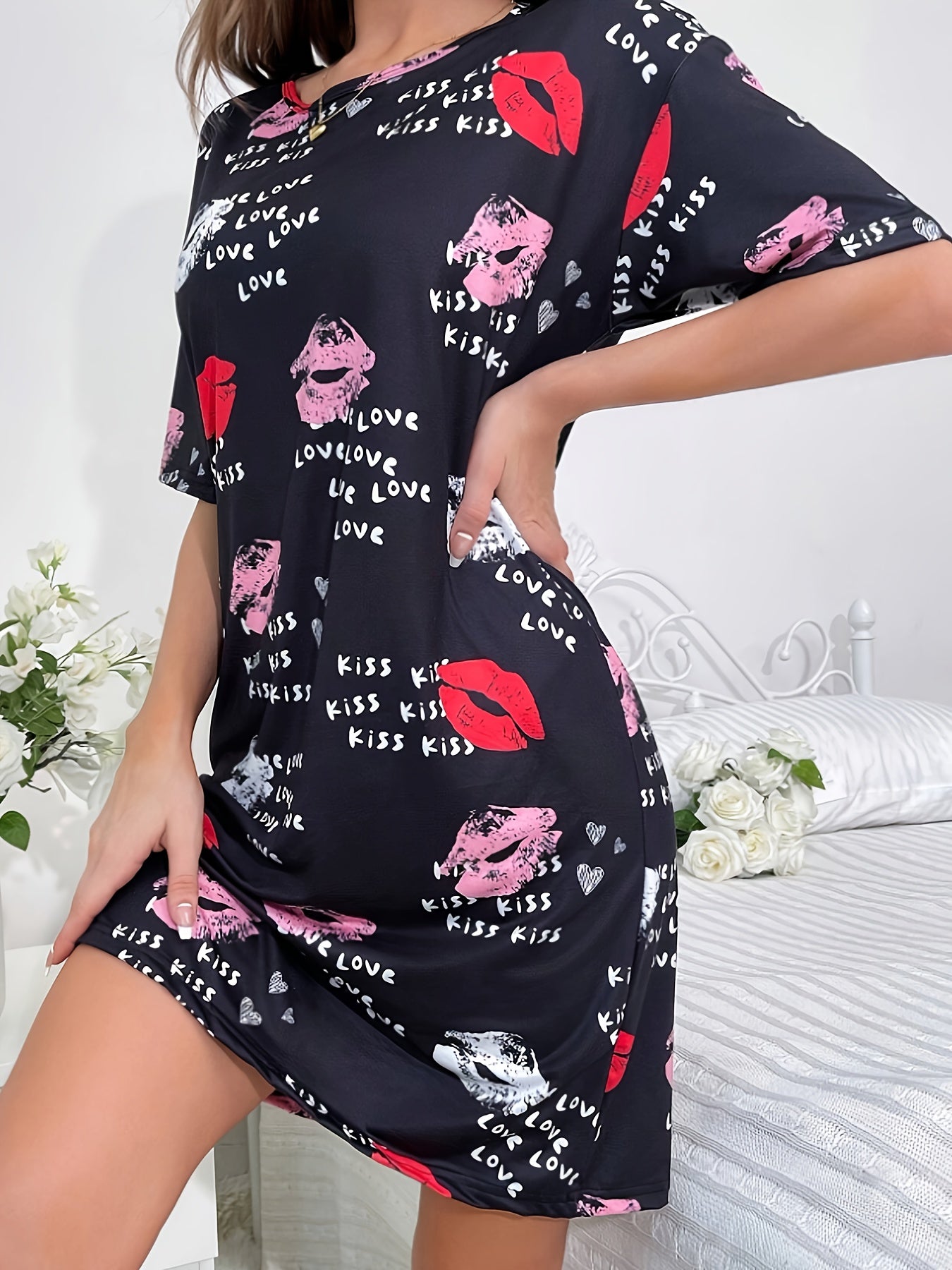 Lips & Letter Print NightDress Short Sleeve