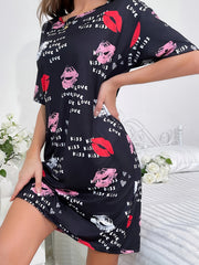Lips & Letter Print NightDress Short Sleeve