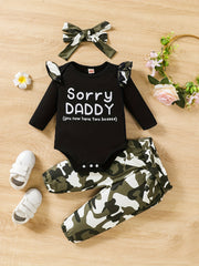Baby Girls Casual Romper with Sorry DADDY Print & Camouflage Pants Set